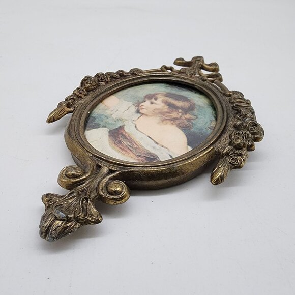 Vintage Italy Brass Oval Picture Frame Filigree Victorian Child Portrait 2.25"x3 - Picture 9 of 10